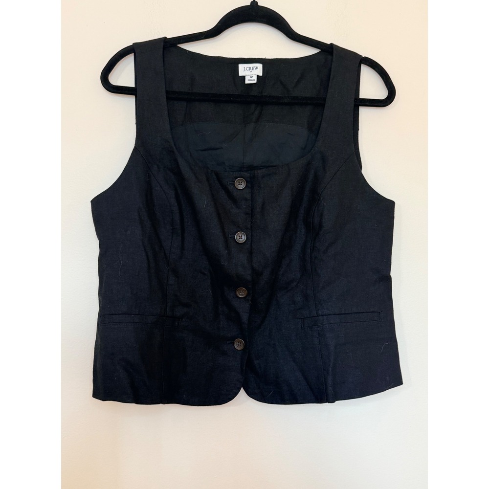 J.Crew Black Linen Blend Button Down Vest Square Neck Waistcoat Size 12